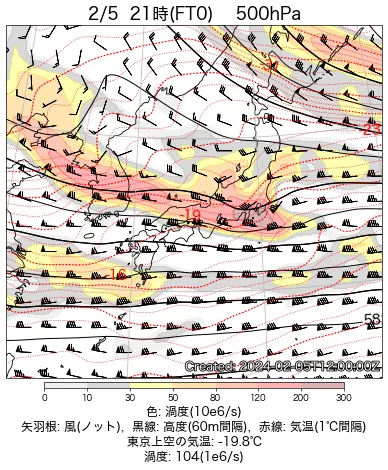 2024年2月5日21時の500hPa天気図