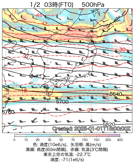 2025年1月2日の日本周辺の500hPa天気図（3時）