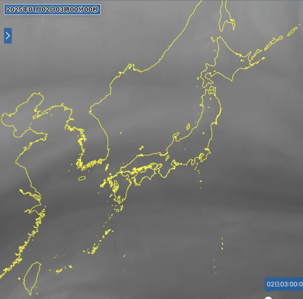 2025年1月2日3時の日本周辺の衛星水蒸気画像
