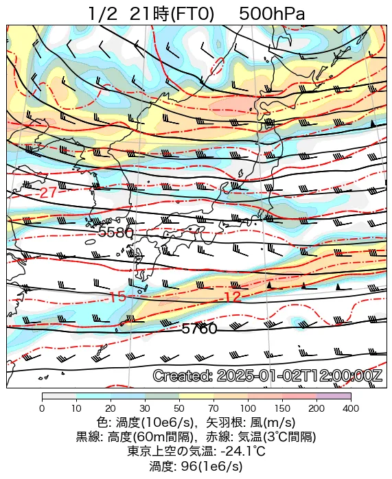 2025年1月2日の日本周辺の500hPa天気図（21時）