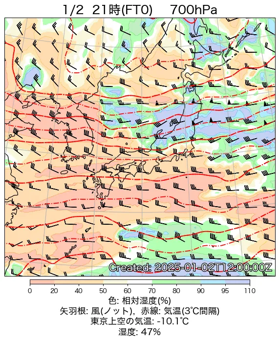 2025年1月2日の日本周辺の700hPa天気図（21時）