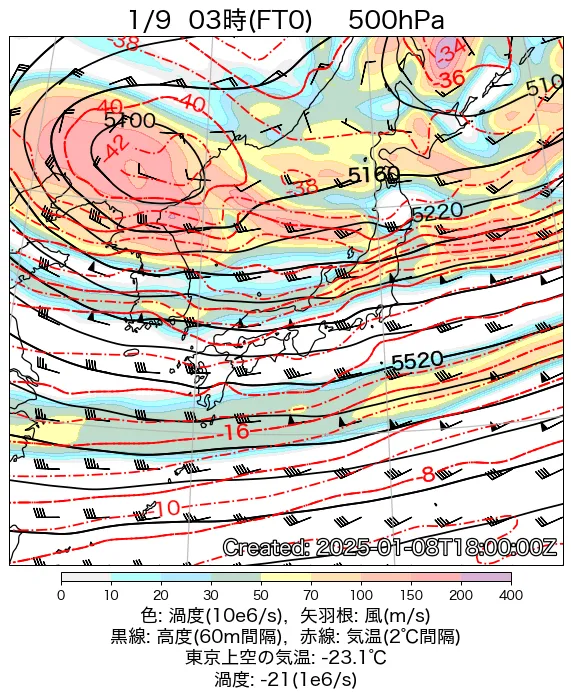 2025年1月9日の日本周辺の500hPa天気図（3時）