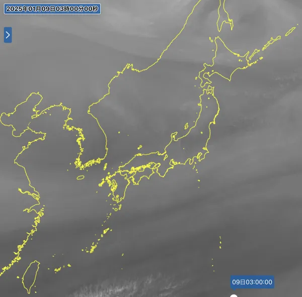2025年1月9日3時の日本周辺の衛星水蒸気画像