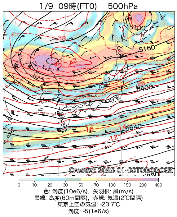 2025年1月9日の日本周辺の500hPa天気図（9時）
