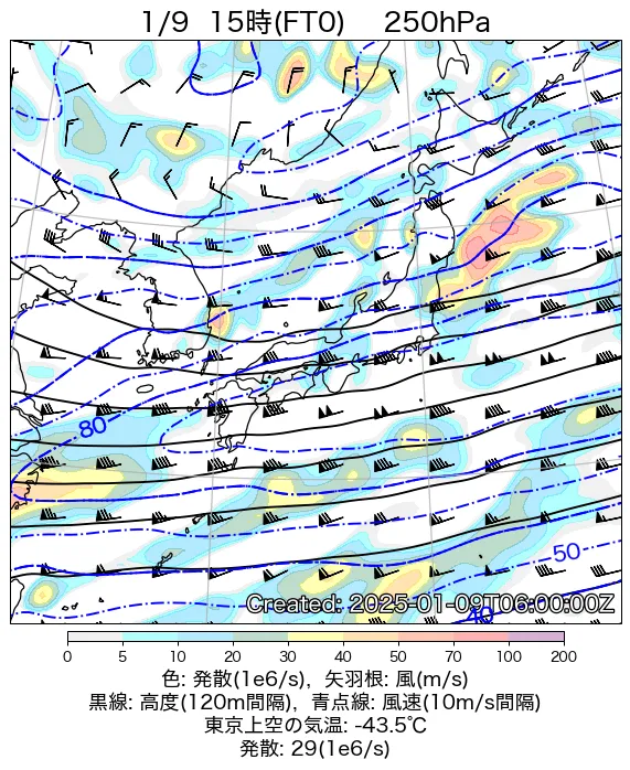 2025年1月9日の日本周辺の250hPa天気図（15時）