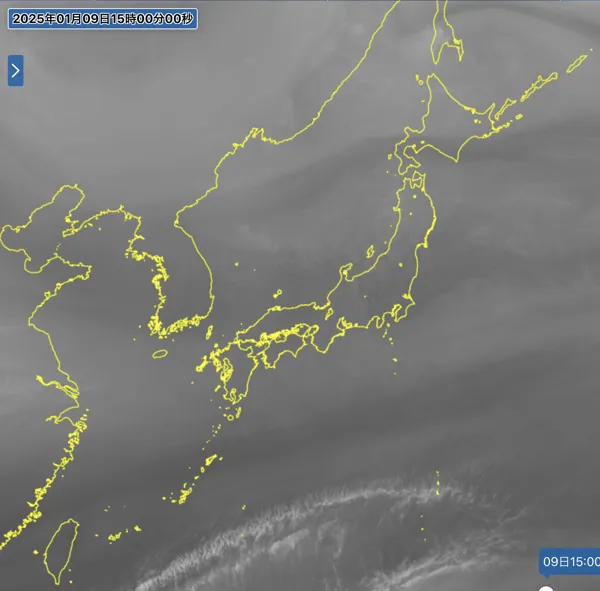 2025年1月9日15時の日本周辺の衛星水蒸気画像