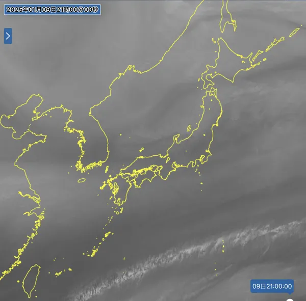 2025年1月9日21時の日本周辺の衛星水蒸気画像
