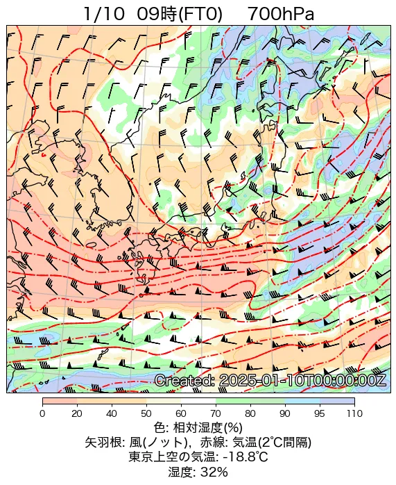 2025年1月10日の日本周辺の700hPa天気図（9時）