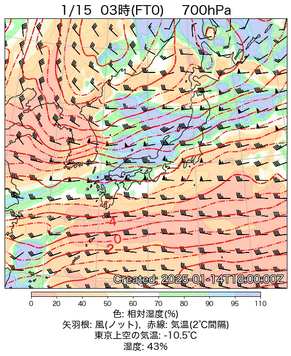 2025年1月15日の日本周辺の700hPa天気図（3時）