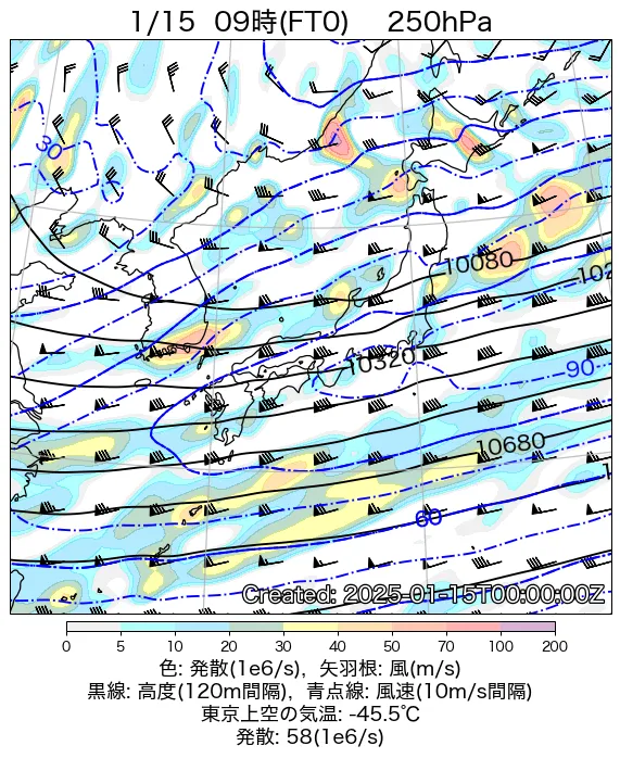 2025年1月15日の日本周辺の250hPa天気図（9時）