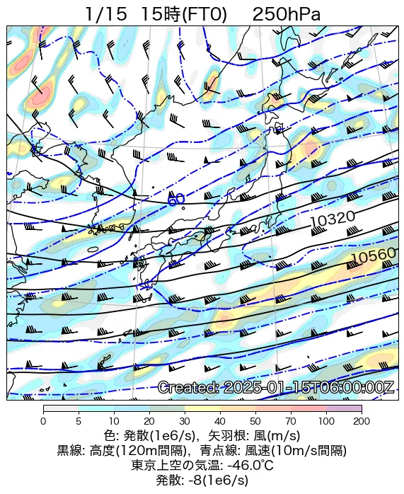 2025年1月15日の日本周辺の250hPa天気図（15時）