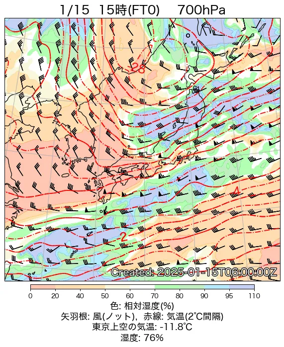 2025年1月15日の日本周辺の700hPa天気図（15時）