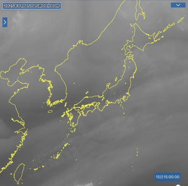 2025年1月15日15時の日本周辺の衛星水蒸気画像