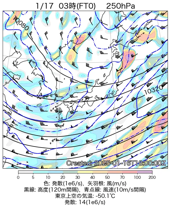 2025年1月17日の日本周辺の250hPa天気図（3時）