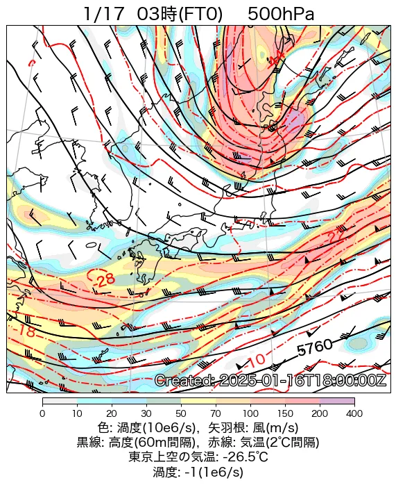 2025年1月17日の日本周辺の500hPa天気図（3時）