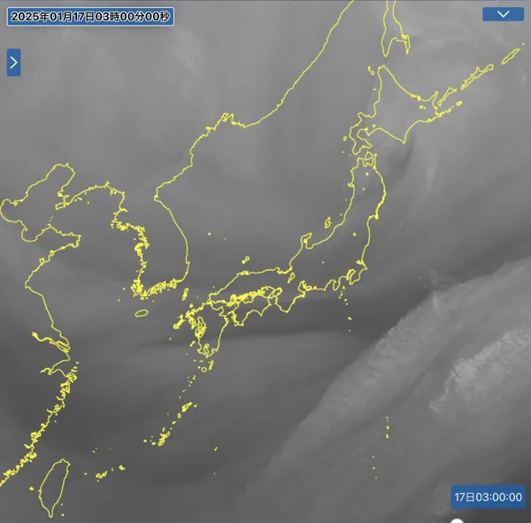 2025年1月17日3時の日本周辺の衛星水蒸気画像
