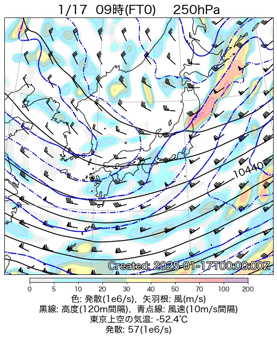 2025年1月17日の日本周辺の250hPa天気図（9時）