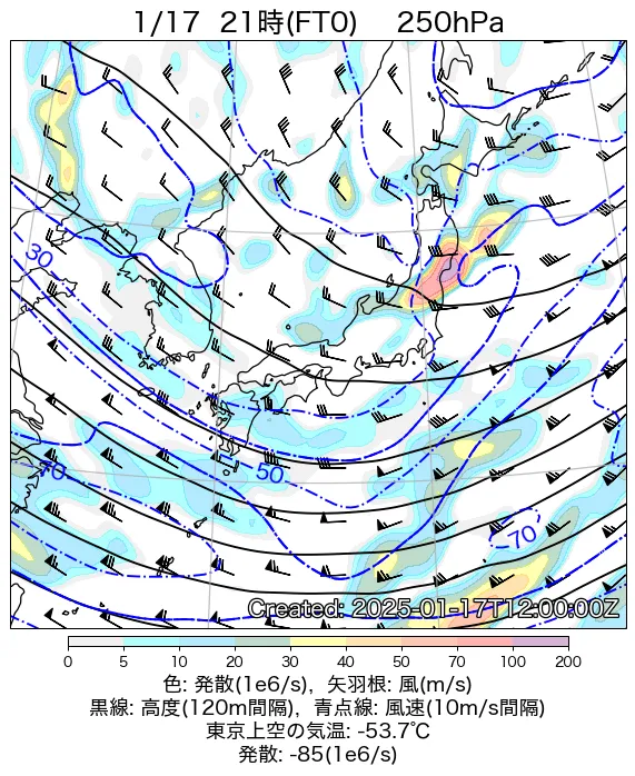 2025年1月17日の日本周辺の250hPa天気図（21時）