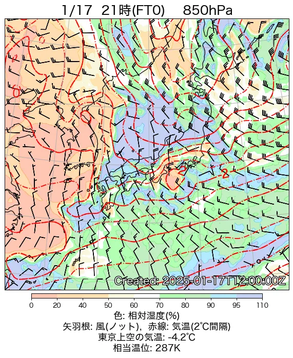 2025年1月17日の日本周辺の850hPa天気図（21時）
