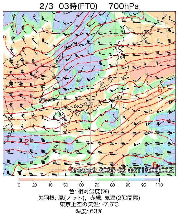 2025年2月3日の日本周辺の700hPa天気図（3時）