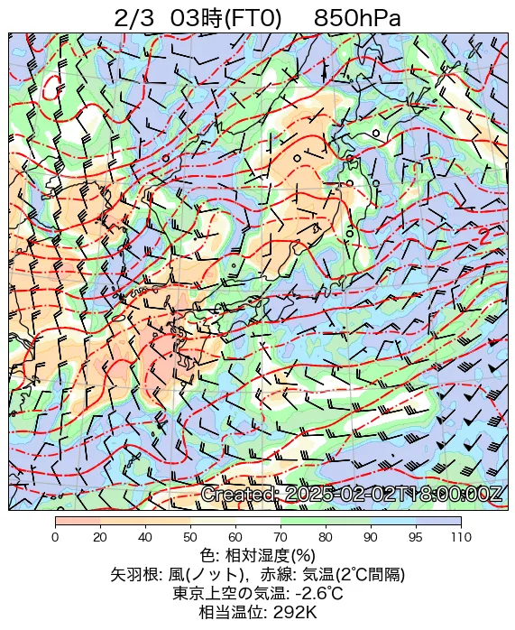 2025年2月3日の日本周辺の850hPa天気図（3時）