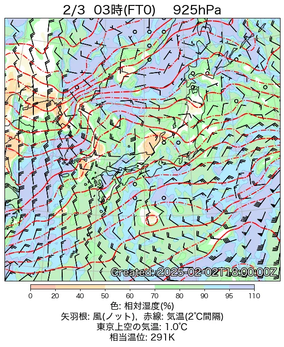 2025年2月3日の日本周辺の925hPa天気図（3時）