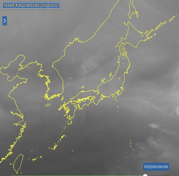日本周辺の衛星水蒸気画像（3時）