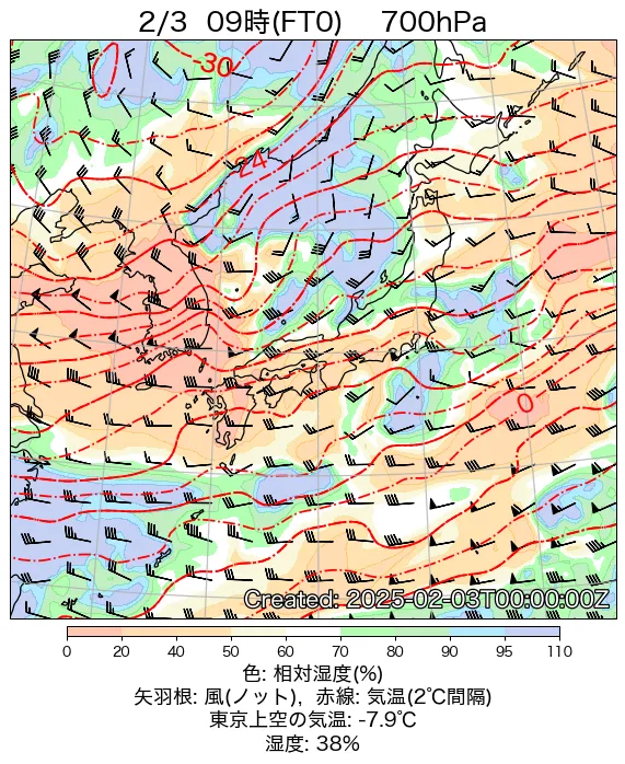 2025年2月3日の日本周辺の700hPa天気図（9時）