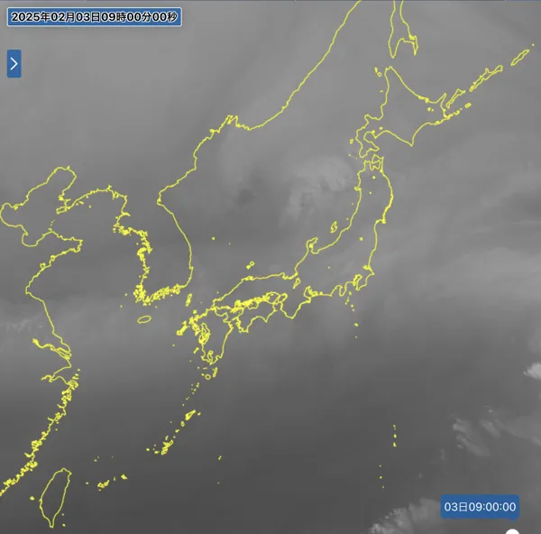 2025年2月3日の日本周辺の衛星水蒸気画像（9時）