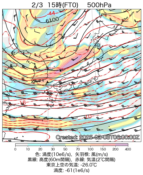 2025年2月3日の日本周辺の500hPa天気図（15時）