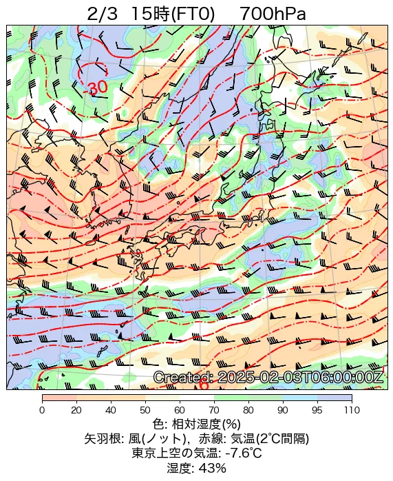 2025年2月3日の日本周辺の700hPa天気図（15時）
