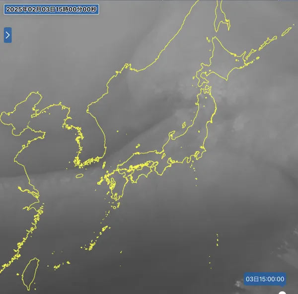 2025年2月3日の日本周辺の衛星水蒸気画像（15時）