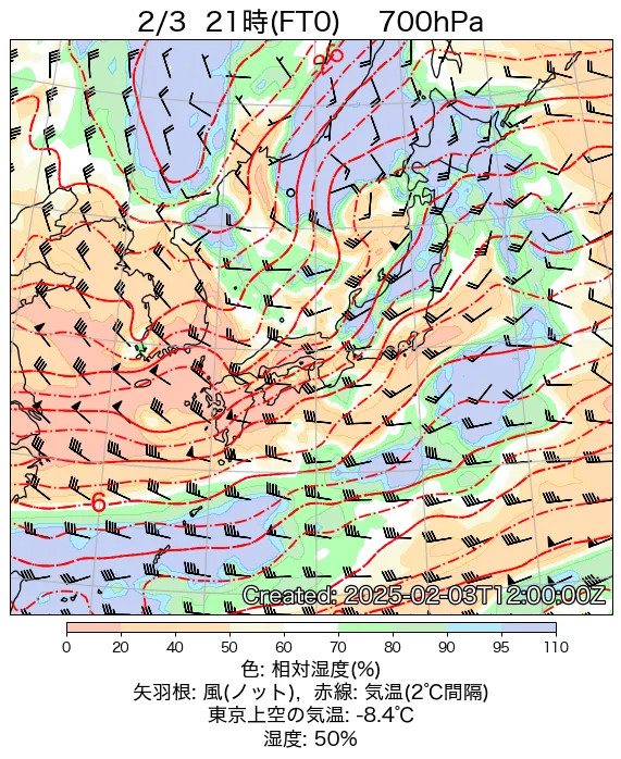 2025年2月3日の日本周辺の700hPa天気図（21時）