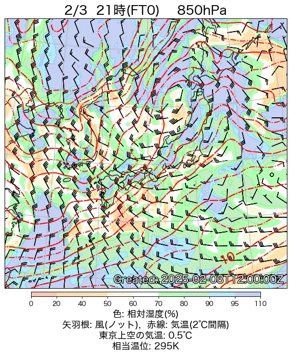 2025年2月3日の日本周辺の850hPa天気図（21時）