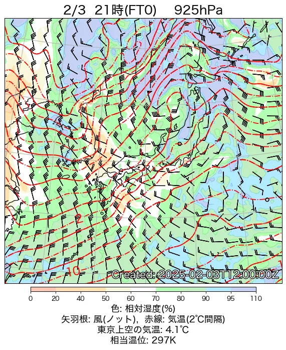 2025年2月3日の日本周辺の925hPa天気図（21時）