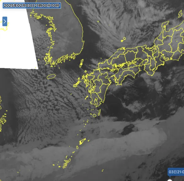 2025年2月3日21時の日本周辺の衛星赤外画像