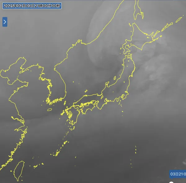 2025年2月3日の日本周辺の衛星水蒸気画像（21時）