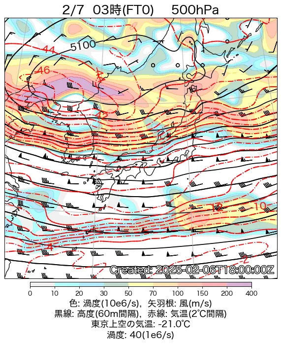 2025年2月7日の日本周辺の500hPa天気図（3時）