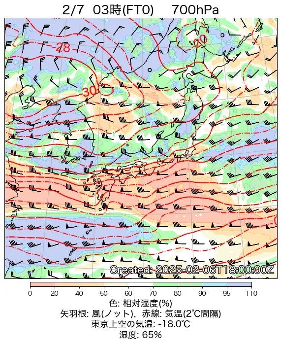 2025年2月7日の日本周辺の700hPa天気図（3時）