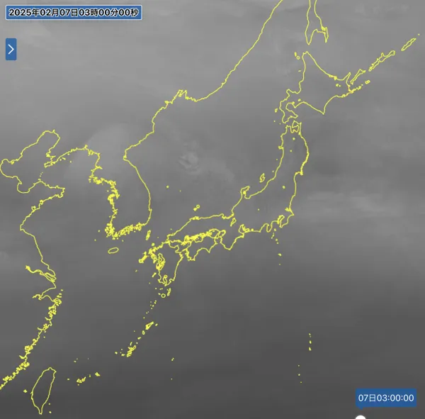2025年2月7日3時の日本周辺の衛星水蒸気画像