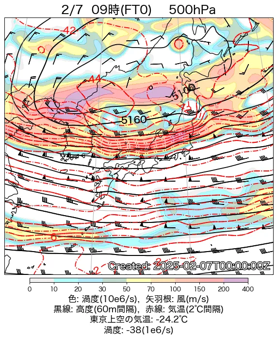 2025年2月7日の日本周辺の500hPa天気図（9時）