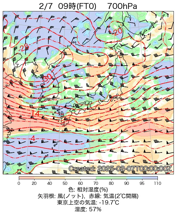 2025年2月7日の日本周辺の700hPa天気図（9時）