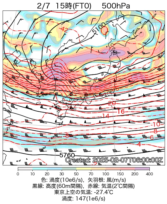 2025年2月7日の日本周辺の500hPa天気図（15時）