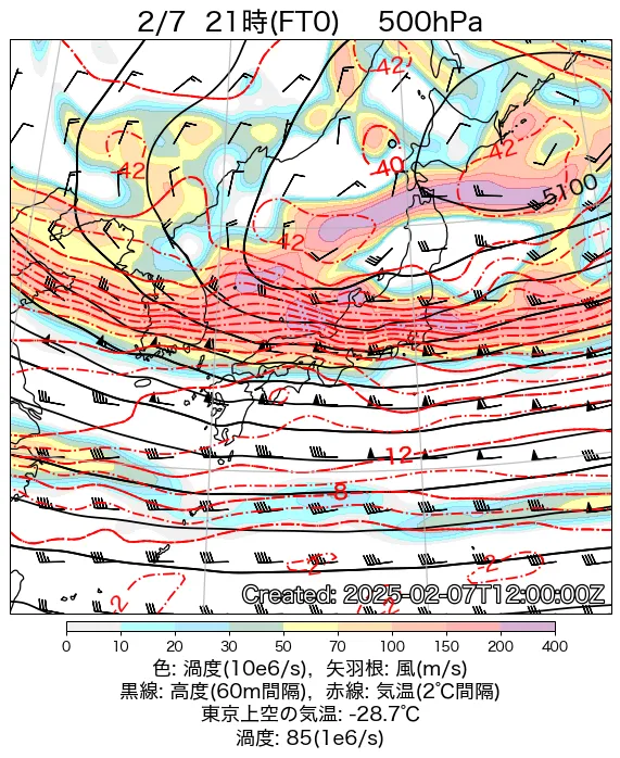 2025年2月7日の日本周辺の500hPa天気図（21時）