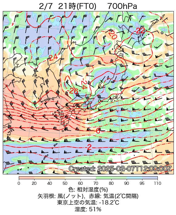 2025年2月7日の日本周辺の700hPa天気図（21時）