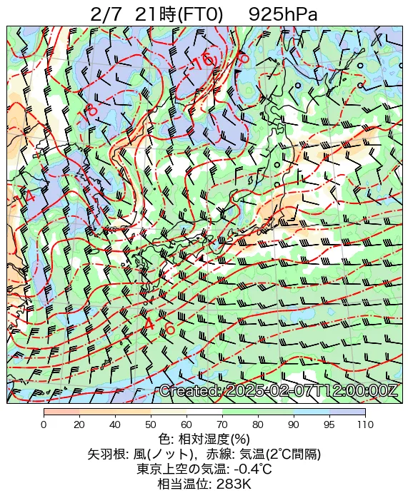 2025年2月7日の日本周辺の925hPa天気図（21時）
