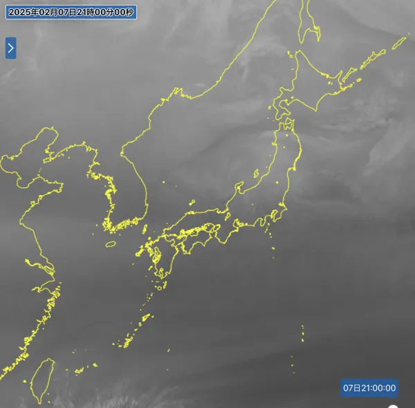 2025年2月7日21時の日本周辺の衛星水蒸気画像