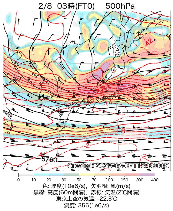 2025年2月8日の日本周辺の500hPa天気図（3時）