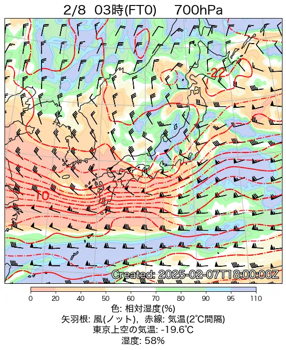 2025年2月8日の日本周辺の700hPa天気図（3時）