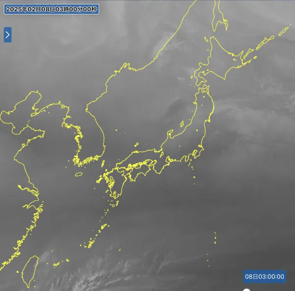 2025年2月8日3時の日本周辺の衛星水蒸気画像